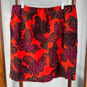 Talbots Velvet Pencil Skirt 18WP Petite Red Orange Paisley Print Straight Lined